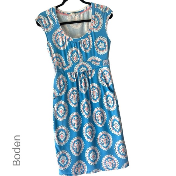 BODEN | NWOT IBIZA DRESS CAP SLEEVES COTTON MODAL POCKETS BLUE PINK | 4 LONG - Picture 1 of 11